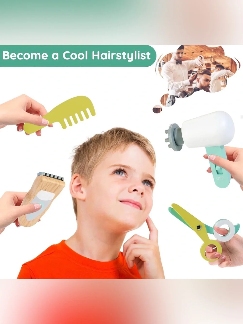Kids Hair Salon Playset, Wooden Barber Pretend Play Kit